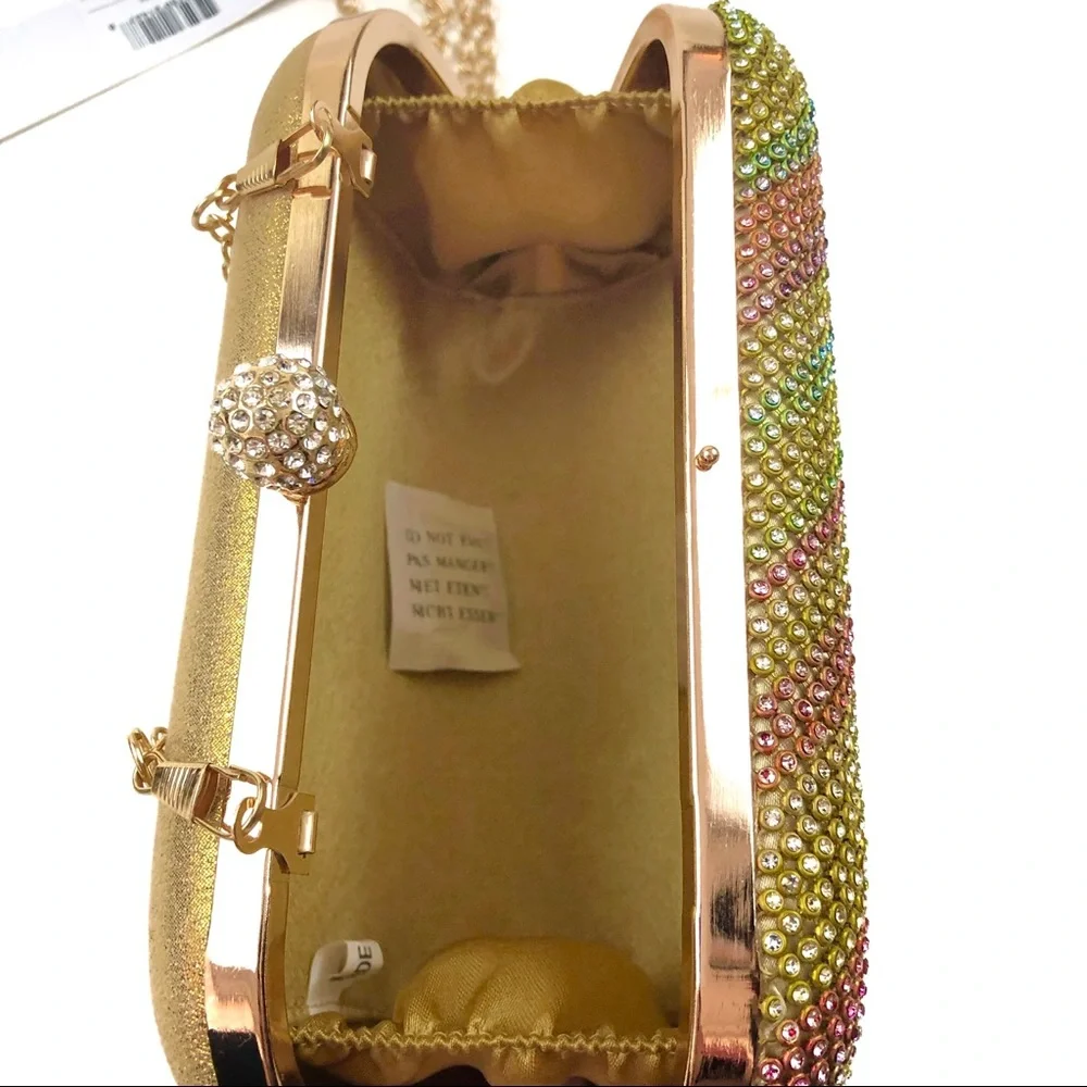 Alessia Gold & Colorful Rhinestone Oval Shaped Clutch With Gold Chain. NEW - Picture 3 of 6